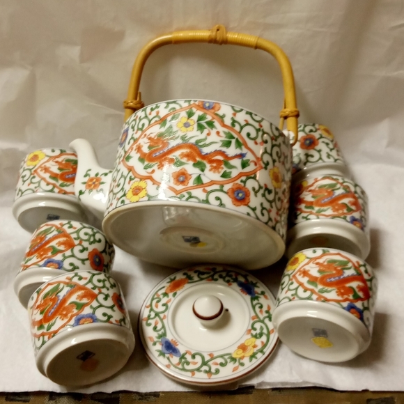 8-Pc OMC Japanese Tea Set Dragon Pattern Porcelian Ceramic - Picture 1 of 14